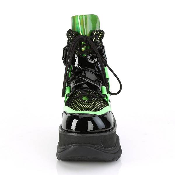 Demonia Women's Neptune-126 Platform Boots - Black/Green Patent Multi D4680-21US Clearance